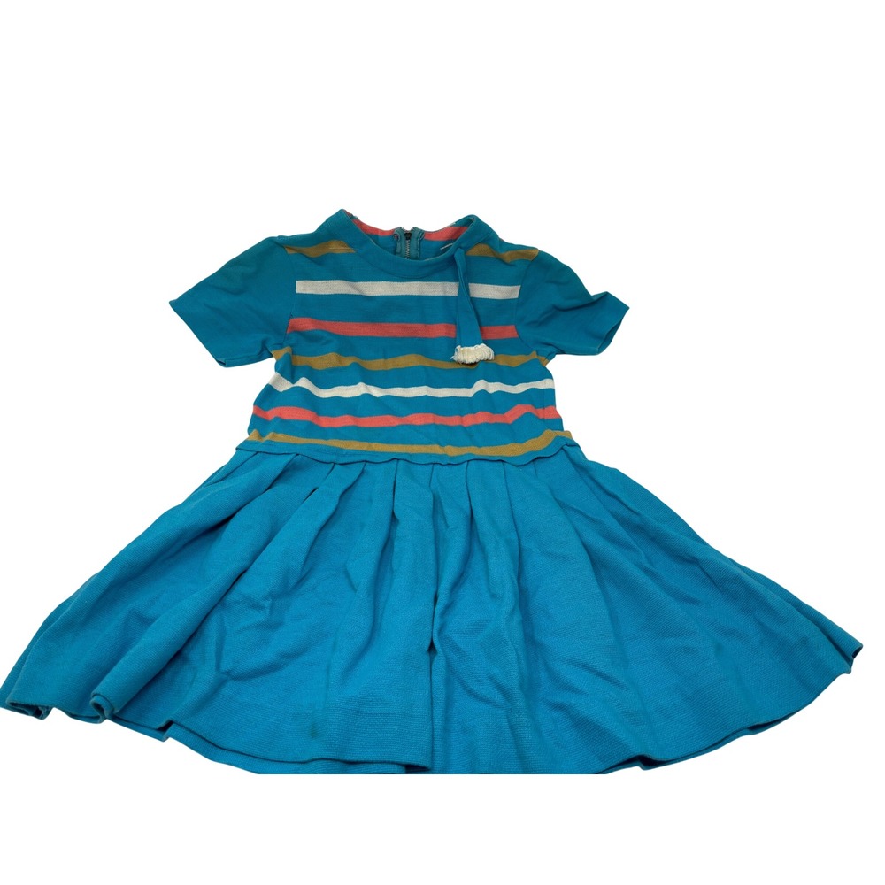 Vintage Girls Turquoise Blue Striped Knit Pleated Skirt Dress Size 8